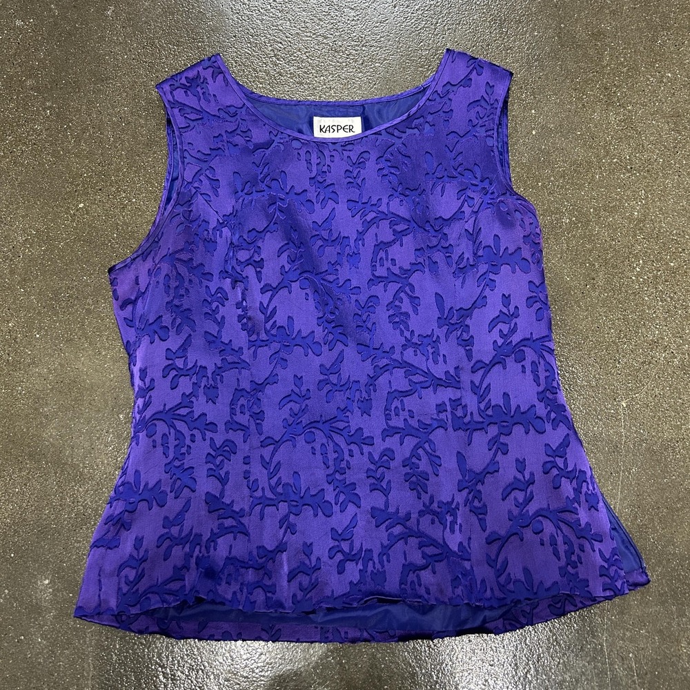 Kasper Tank Top Shirt Womens 10 Purple Floral Lined Scoop Neck Sleeveless Blouse